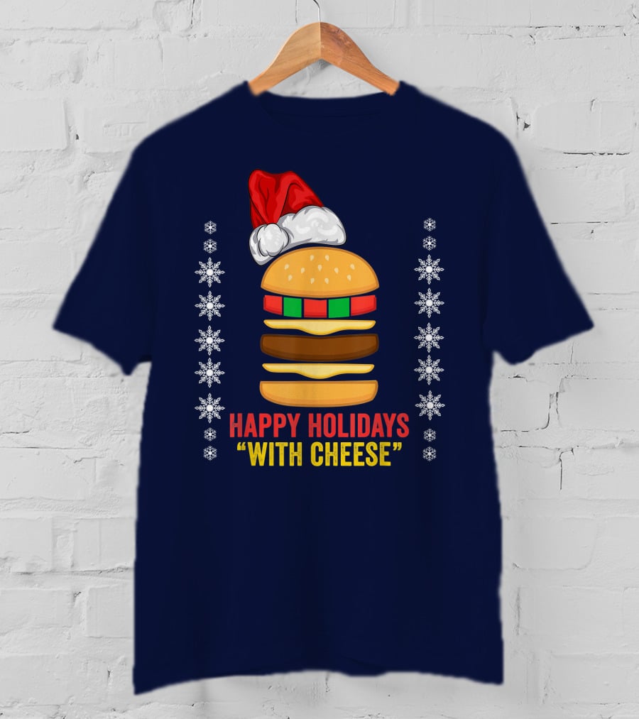 Happy Holidays With Cheese Christmas Cheeseburger Santa Hat Snowflakes T-Shirt