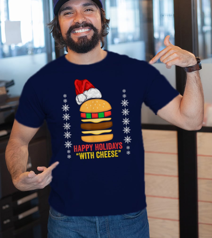 Happy Holidays With Cheese Christmas Cheeseburger Santa Hat Snowflakes T-Shirt