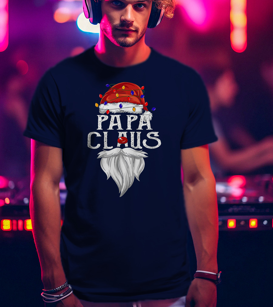 Papa Claus Santa Hat Beard Christmas Lights T-Shirt