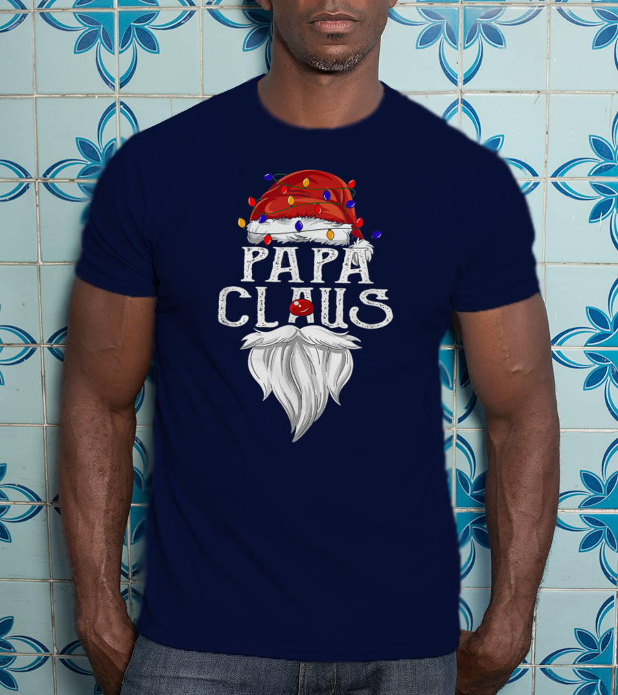 Papa Claus Santa Hat Beard Christmas Lights T-Shirt
