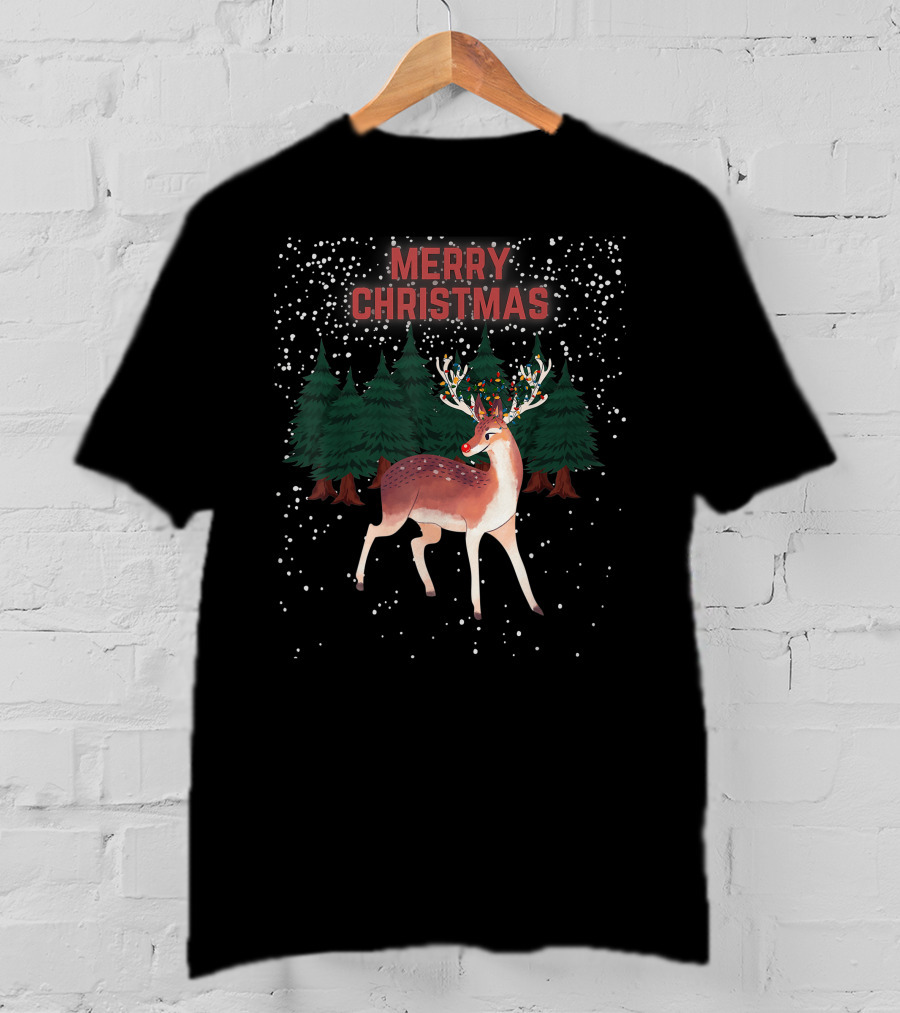 Merry Christmas Reindeer Rudolph Tangled Christmas Lights Snowy Forest T-Shirt