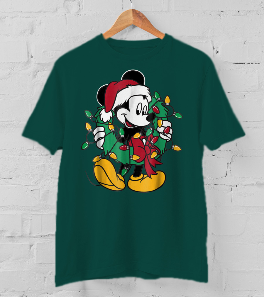 Disney Mickey Mouse Santa Hat Christmas Lights Wreath T-Shirt