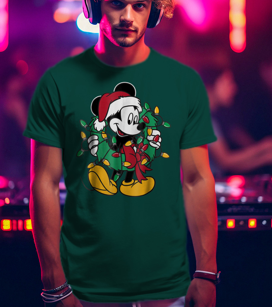 Disney Mickey Mouse Santa Hat Christmas Lights Wreath T-Shirt