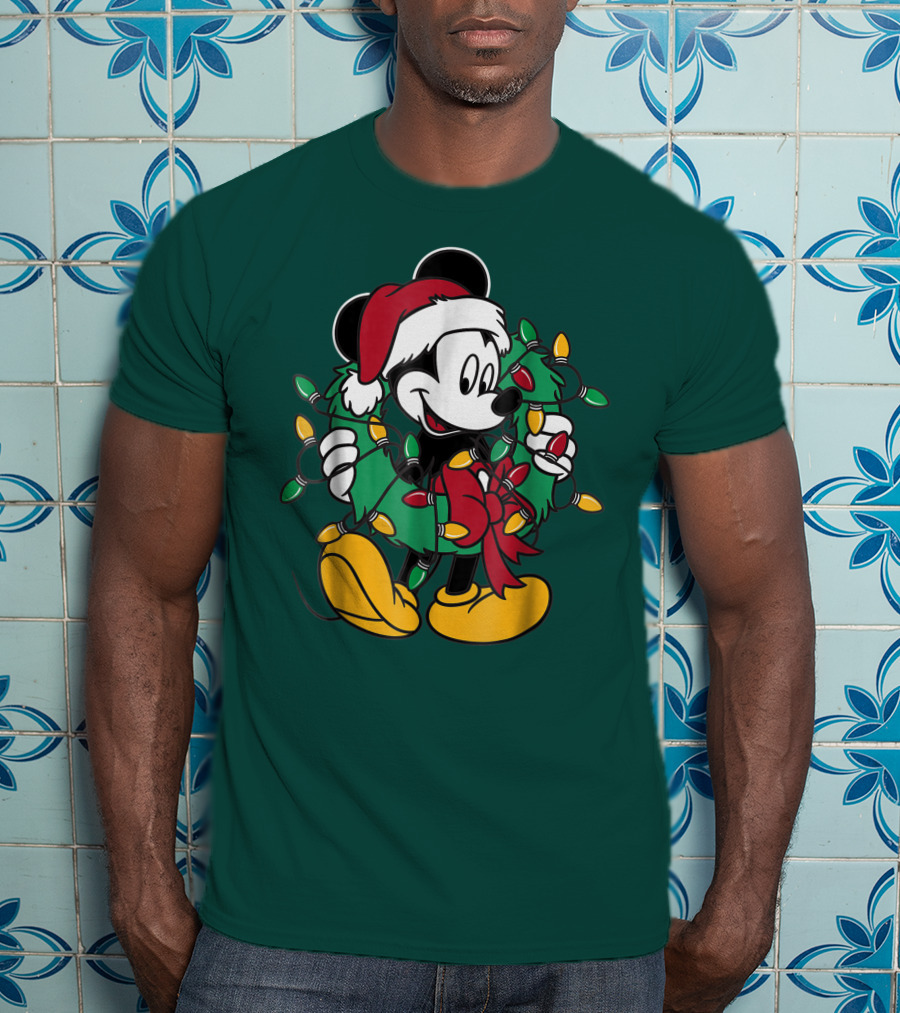Disney Mickey Mouse Santa Hat Christmas Lights Wreath T-Shirt