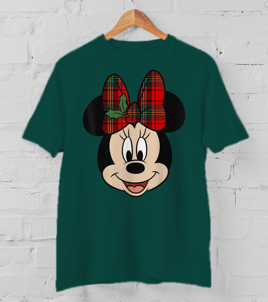 Disney Minnie Mouse Plaid Christmas Bow With Holly T-Shirt