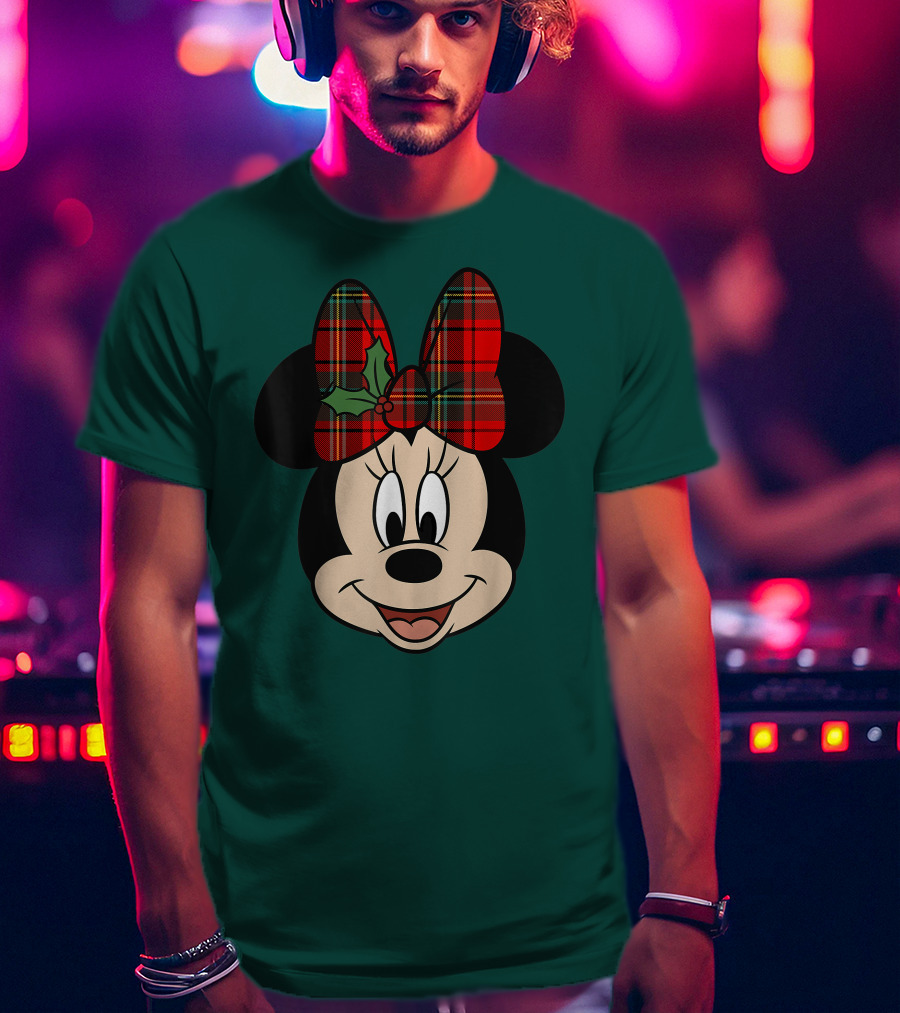 Disney Minnie Mouse Plaid Christmas Bow With Holly T-Shirt
