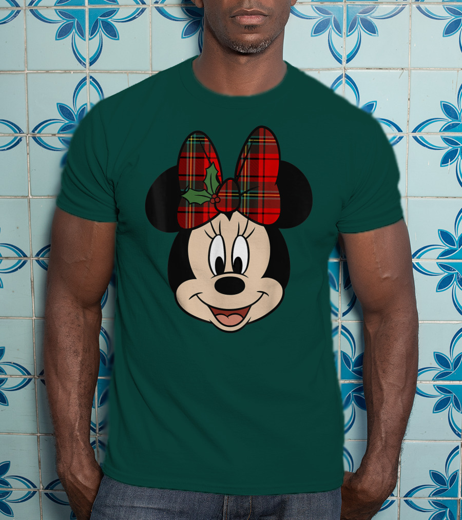 Disney Minnie Mouse Plaid Christmas Bow With Holly T-Shirt
