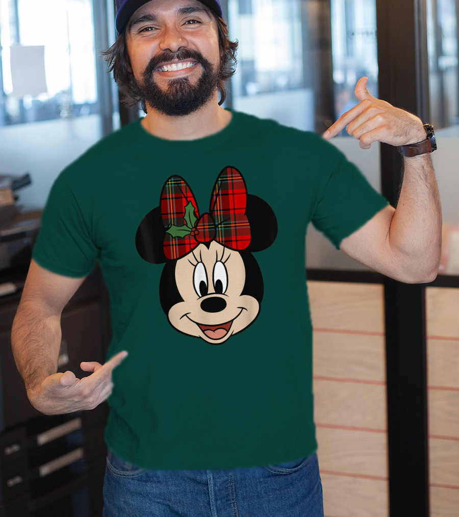 Disney Minnie Mouse Plaid Christmas Bow With Holly T-Shirt