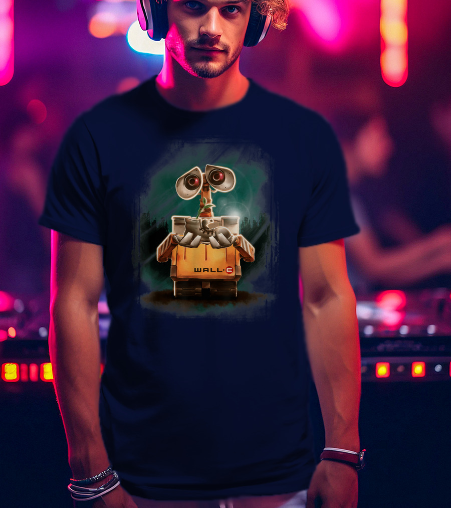 Wall E Holding Plant In Shoe On Starry Night Background Disney Pixar T-Shirt