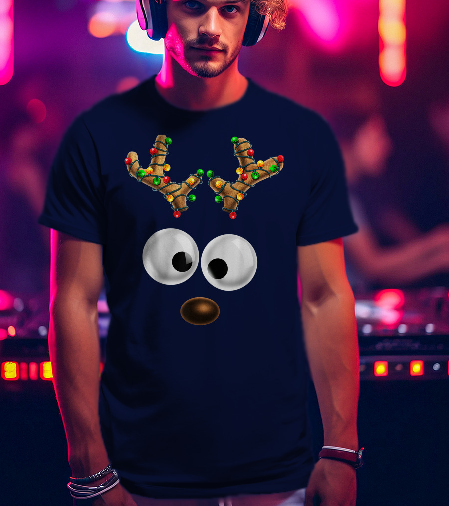 Colorful Lights Reindeer Face Christmas Matching Family T-Shirt