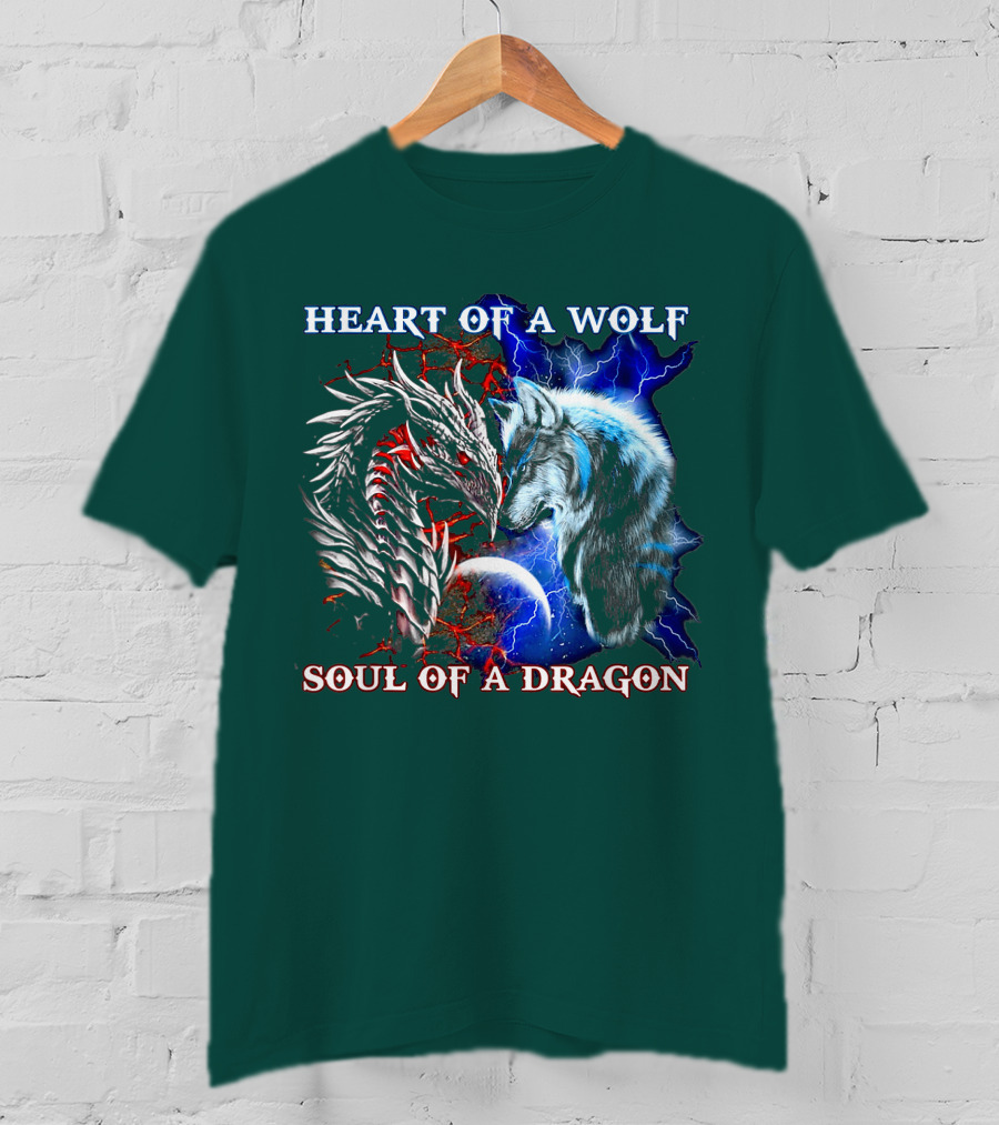 HEART OF A WOLF SOUL OF A DRAGON Wolf Dragon Lightning Planet Cracked Earth T-Shirt