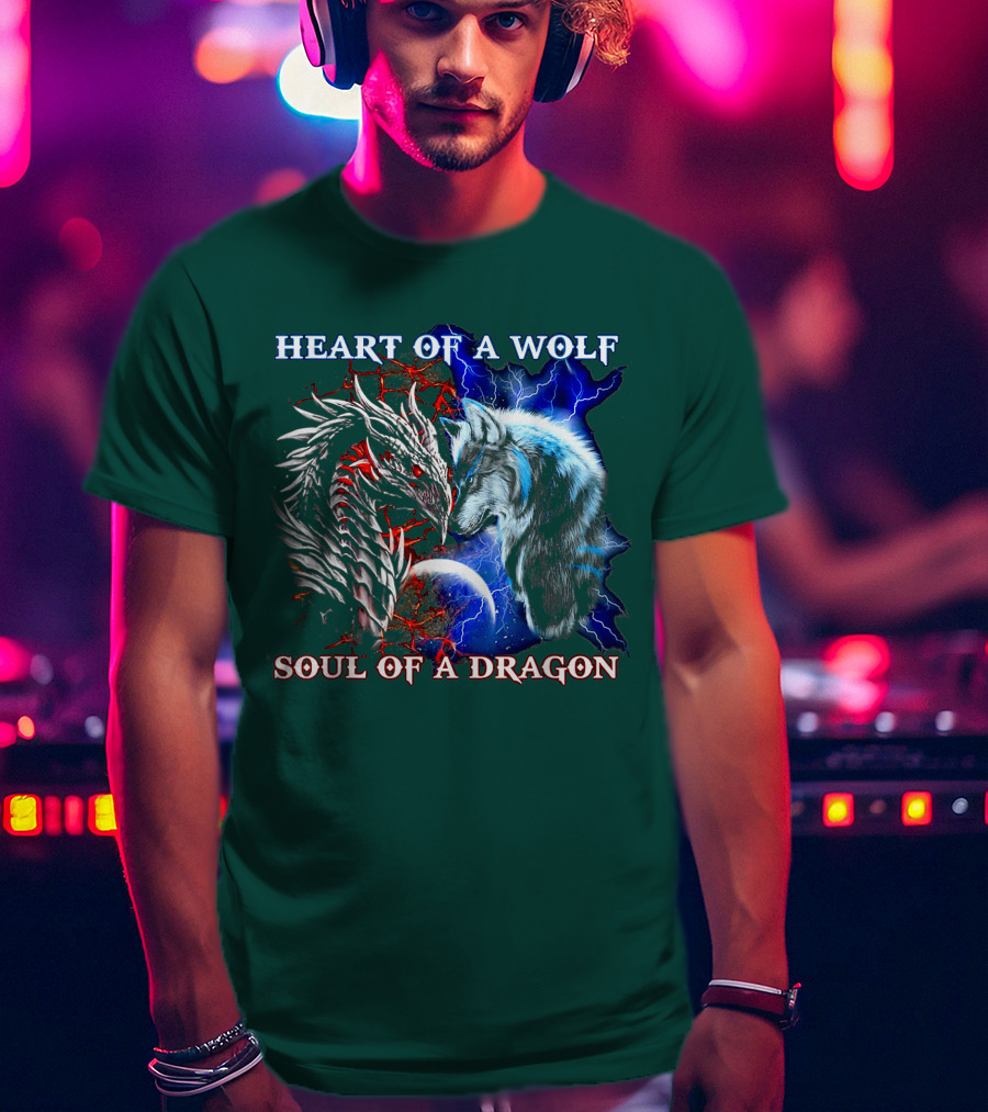 HEART OF A WOLF SOUL OF A DRAGON Wolf Dragon Lightning Planet Cracked Earth T-Shirt