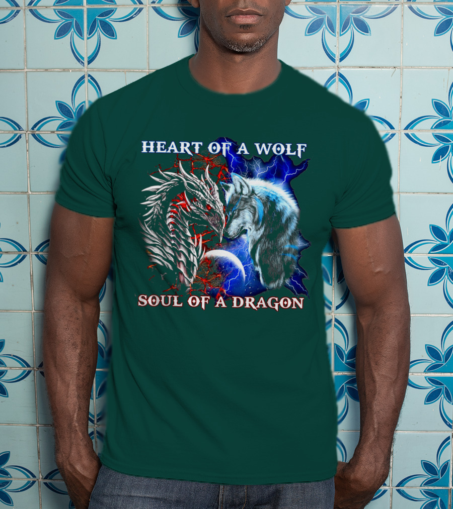 HEART OF A WOLF SOUL OF A DRAGON Wolf Dragon Lightning Planet Cracked Earth T-Shirt