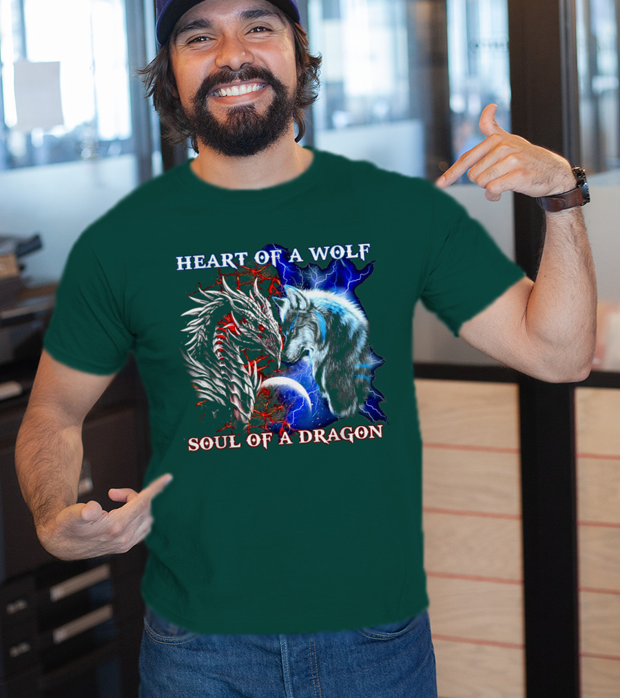 HEART OF A WOLF SOUL OF A DRAGON Wolf Dragon Lightning Planet Cracked Earth T-Shirt