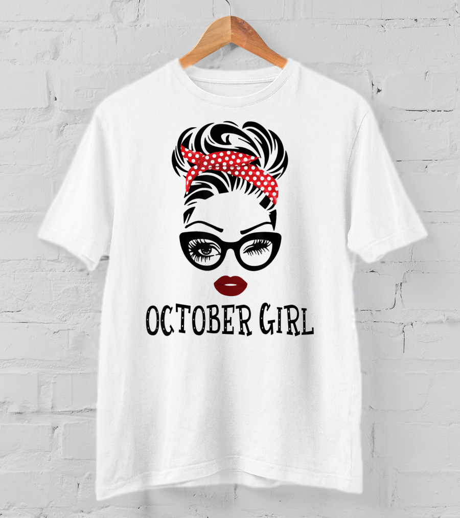 October Girl Woman Face Wink Eyes Red Lipstick Polka Dot Headband T-Shirt