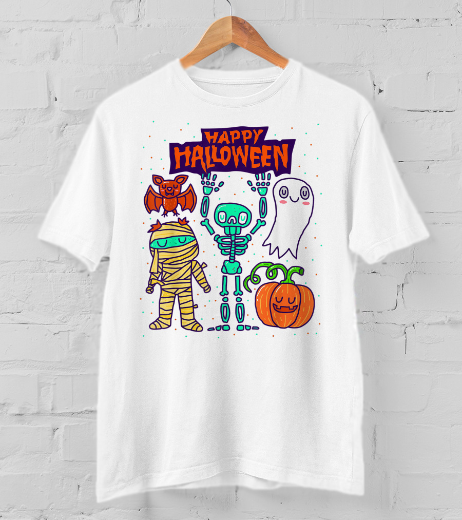 Happy Halloween Skeleton Ghost Pumpkin Mummy Bat T-Shirt