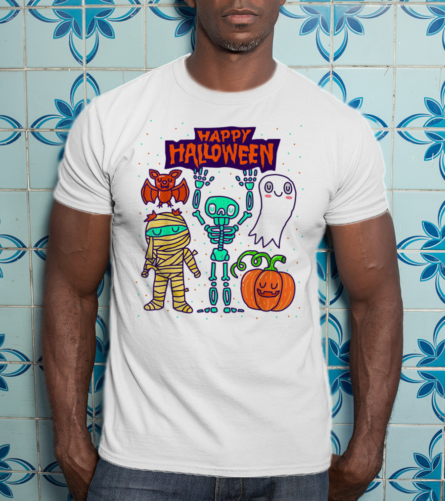 Happy Halloween Skeleton Ghost Pumpkin Mummy Bat T-Shirt