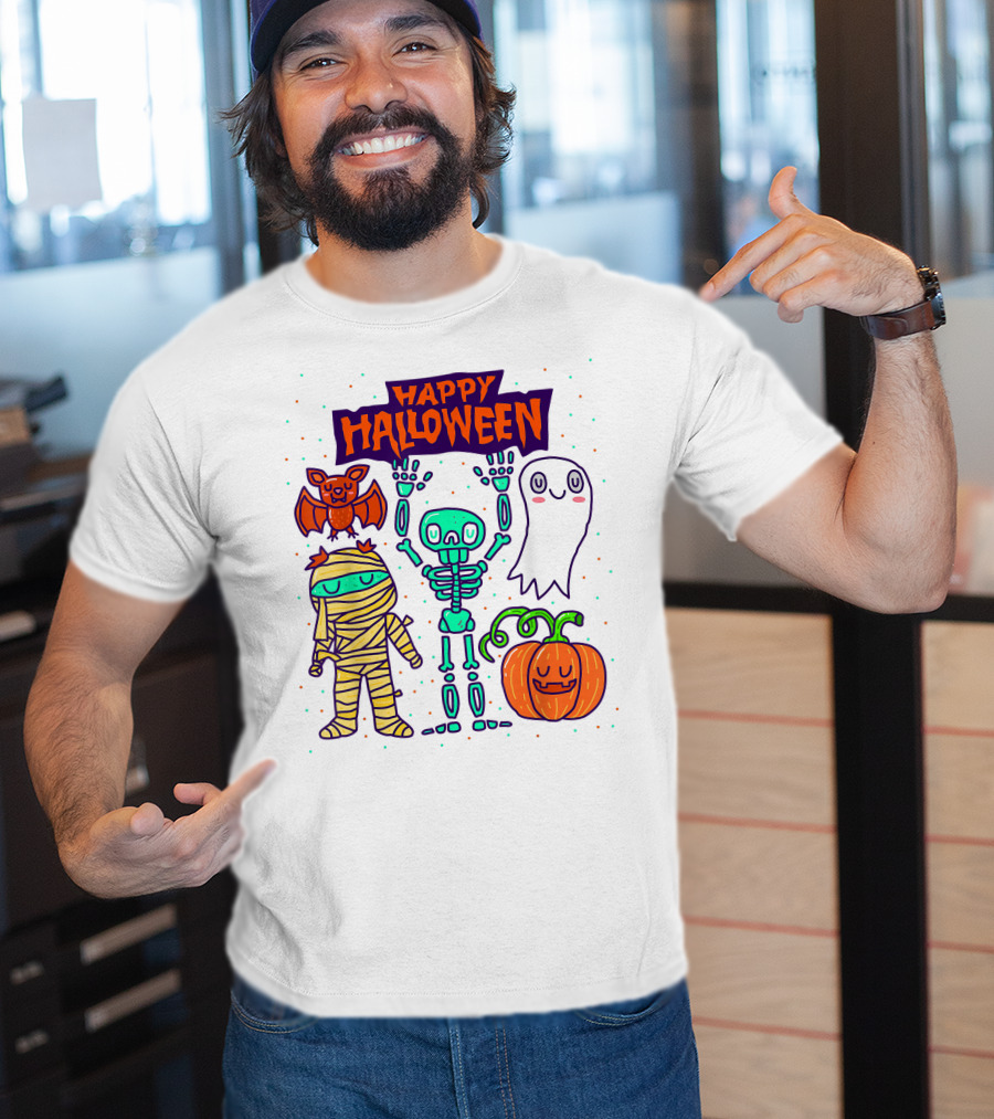 Happy Halloween Skeleton Ghost Pumpkin Mummy Bat T-Shirt