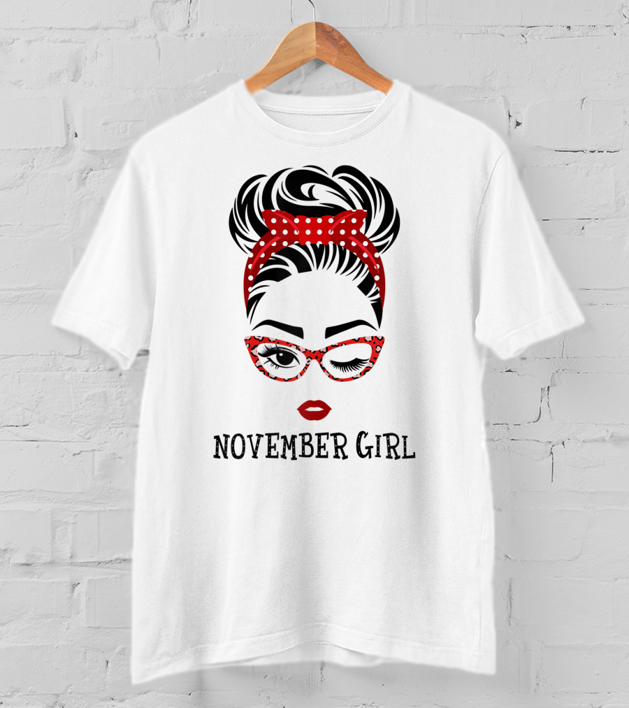 November Girl Wink Eye Woman Face Wink Eyes Lady Birthday Red Polka Dot Glasses T-Shirt