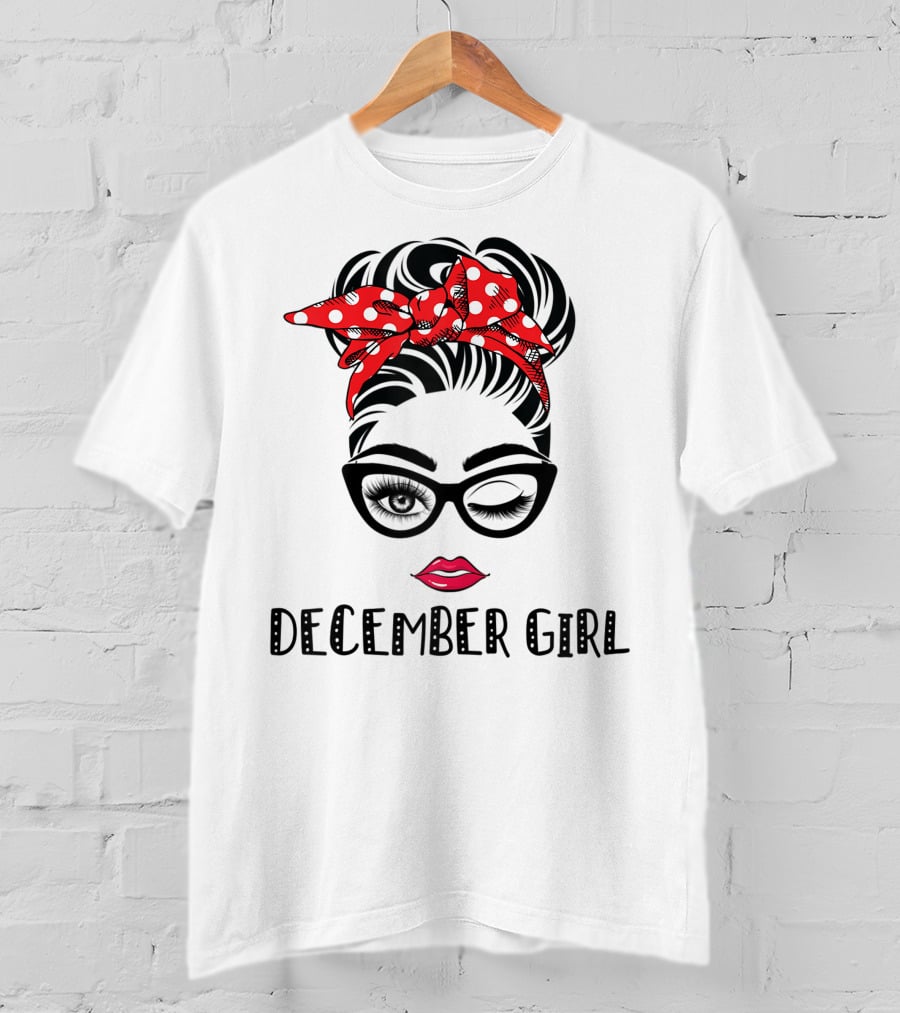 December Girl Woman Face Wink Eyes Lady Face Birthday Red Polka Dot Headband T-Shirt