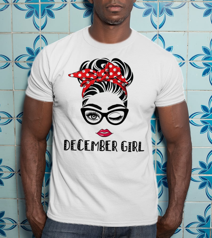 December Girl Woman Face Wink Eyes Lady Face Birthday Red Polka Dot Headband T-Shirt