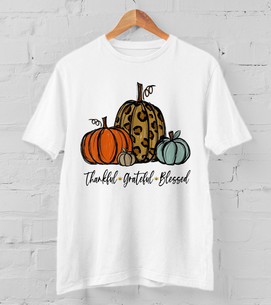 Thankful Grateful Blessed Leopard Print Pumpkin Thanksgiving Day T-Shirt