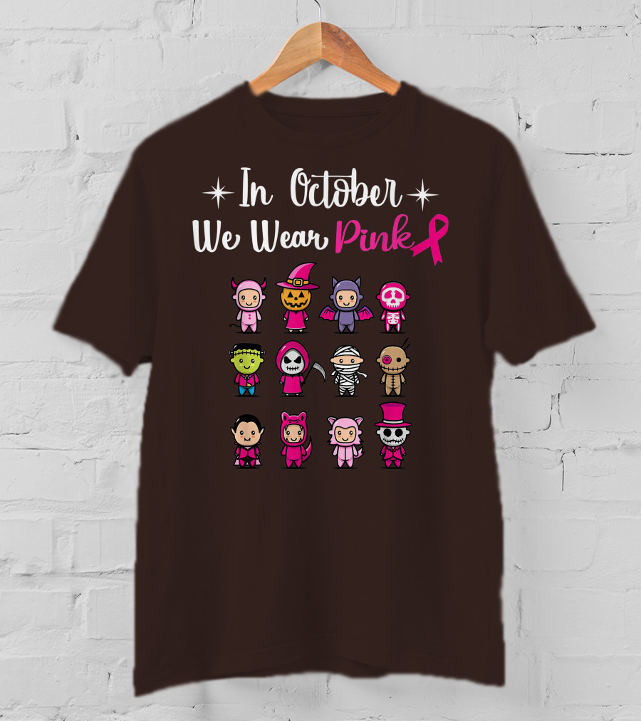 In October We Wear Pink Breast Cancer Awareness Halloween Characters T-Shirt