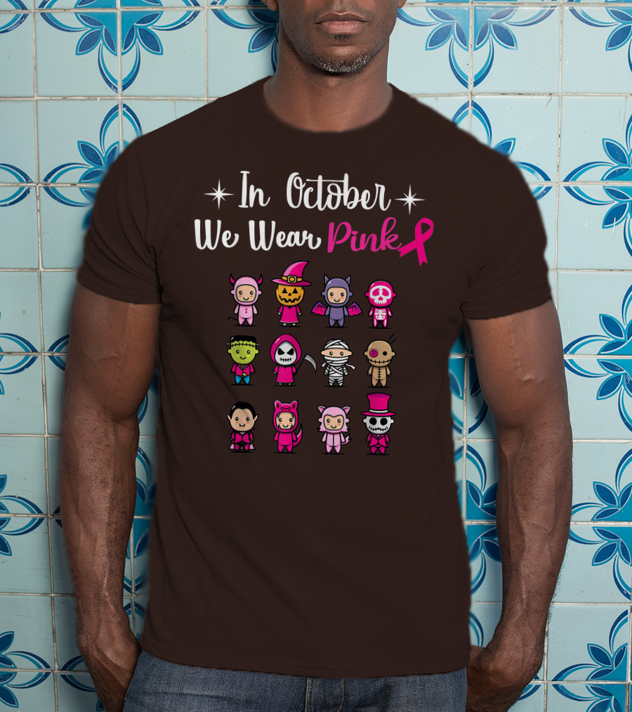 In October We Wear Pink Breast Cancer Awareness Halloween Characters T-Shirt