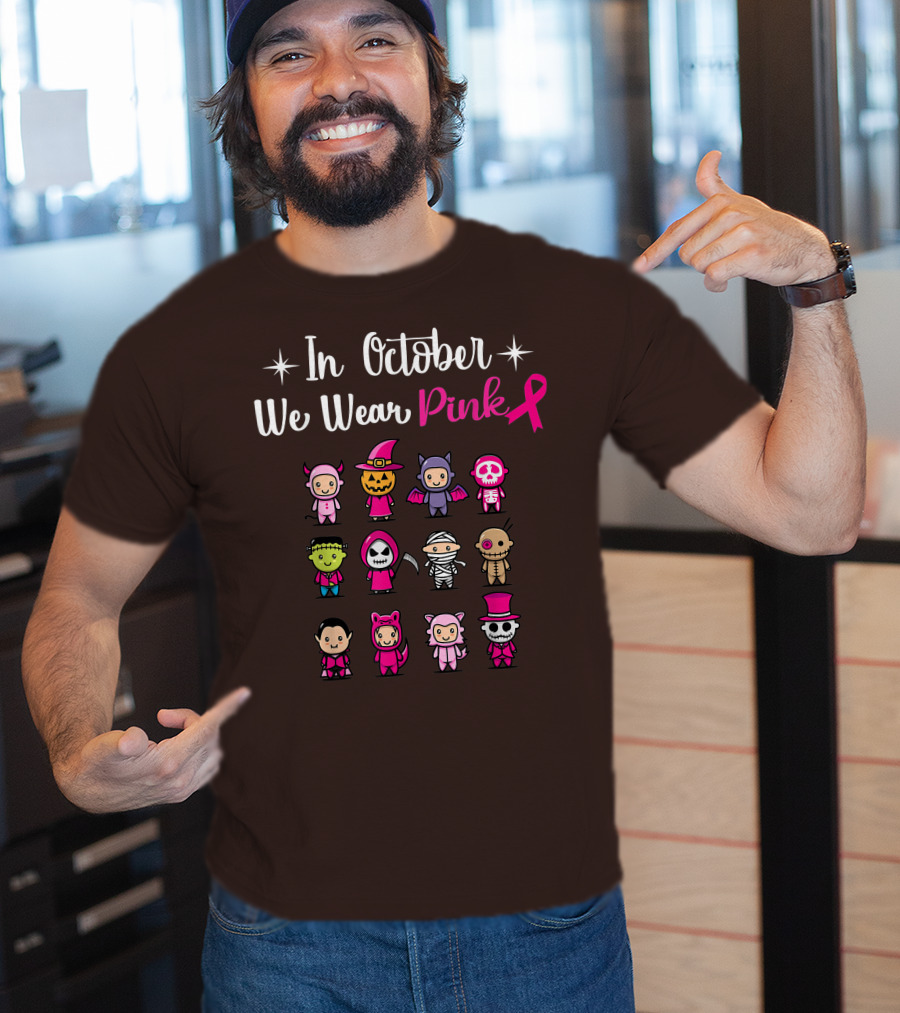 In October We Wear Pink Breast Cancer Awareness Halloween Characters T-Shirt