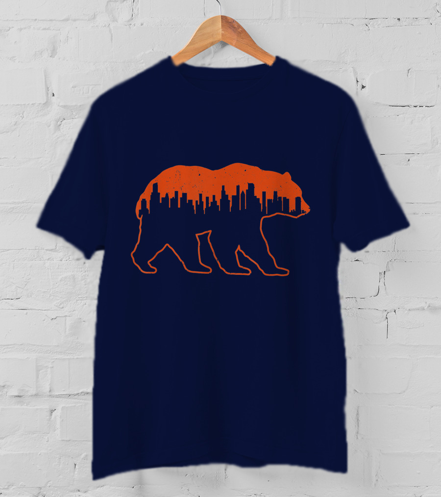 Vintage Downtown Chicago City Skyline Bear Silhouette Novelty T-Shirt