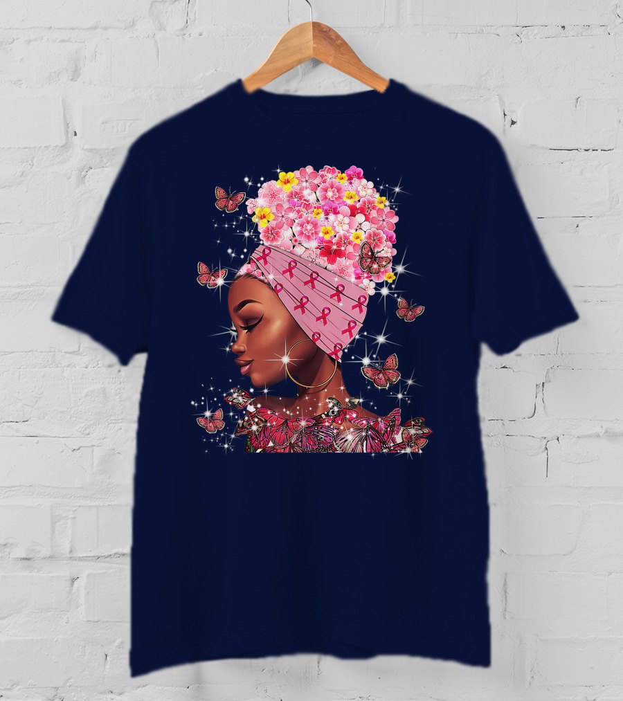 In October We Wear Pink Black Flowers Butterflies Ribbons T-Shirt