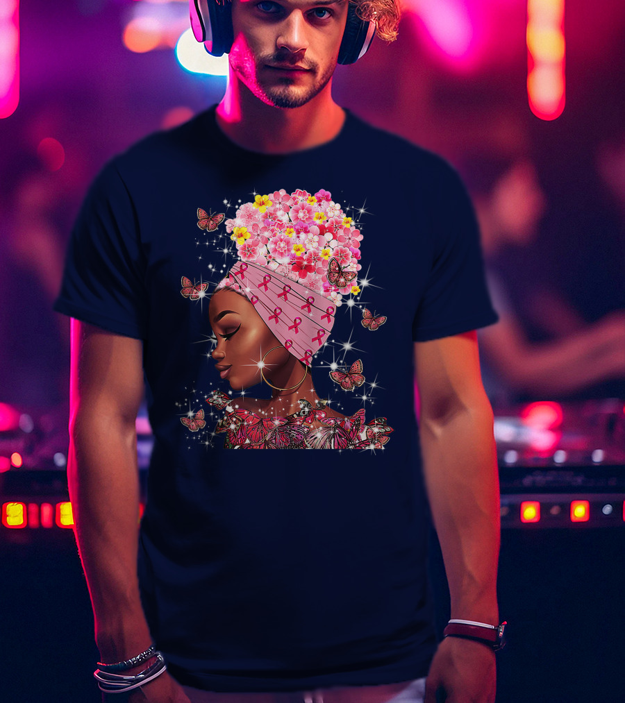 In October We Wear Pink Black Flowers Butterflies Ribbons T-Shirt
