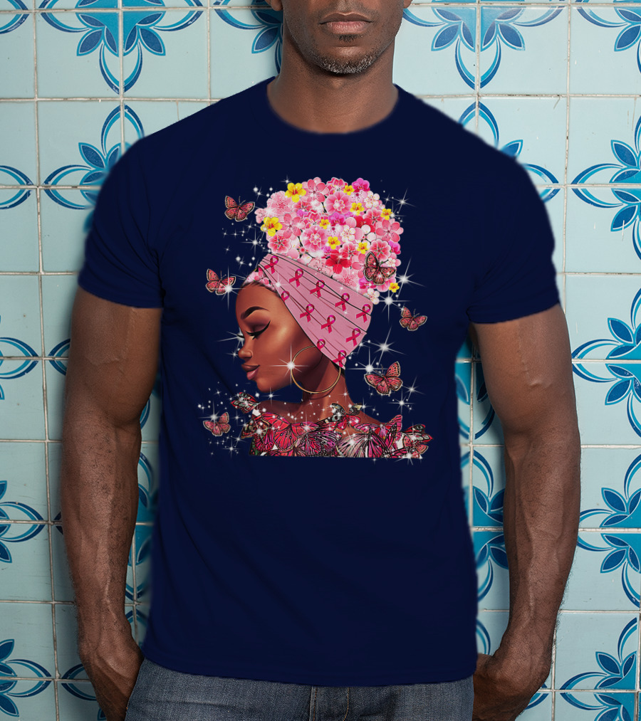 In October We Wear Pink Black Flowers Butterflies Ribbons T-Shirt