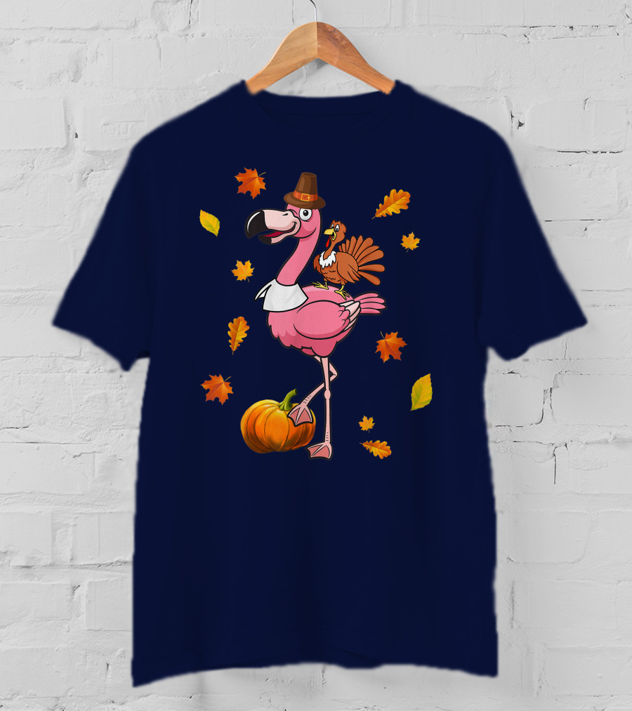 Thanksgiving Flamingo Pilgrim And Turkey With Autumn Leaves And Pumpkin T-Shirt