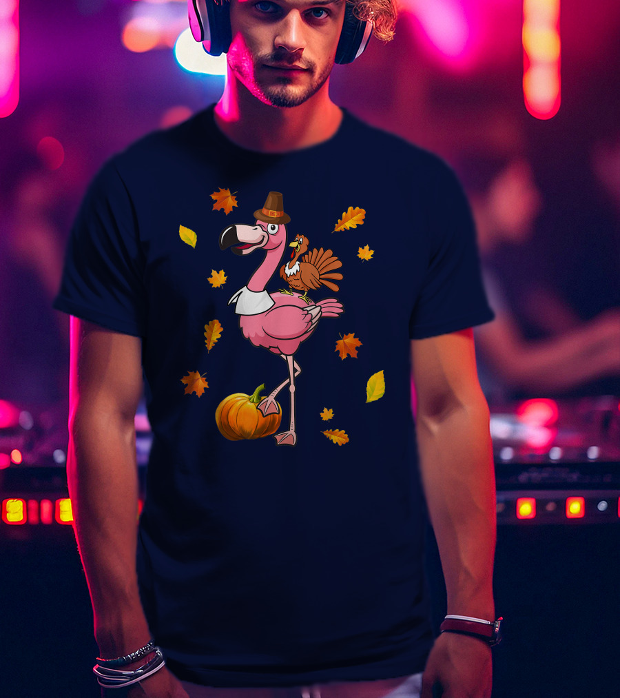 Thanksgiving Flamingo Pilgrim And Turkey With Autumn Leaves And Pumpkin T-Shirt