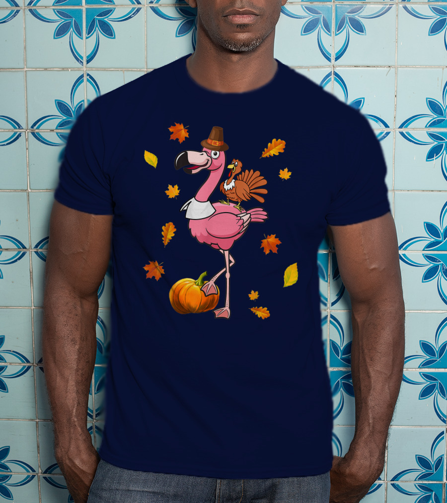 Thanksgiving Flamingo Pilgrim And Turkey With Autumn Leaves And Pumpkin T-Shirt