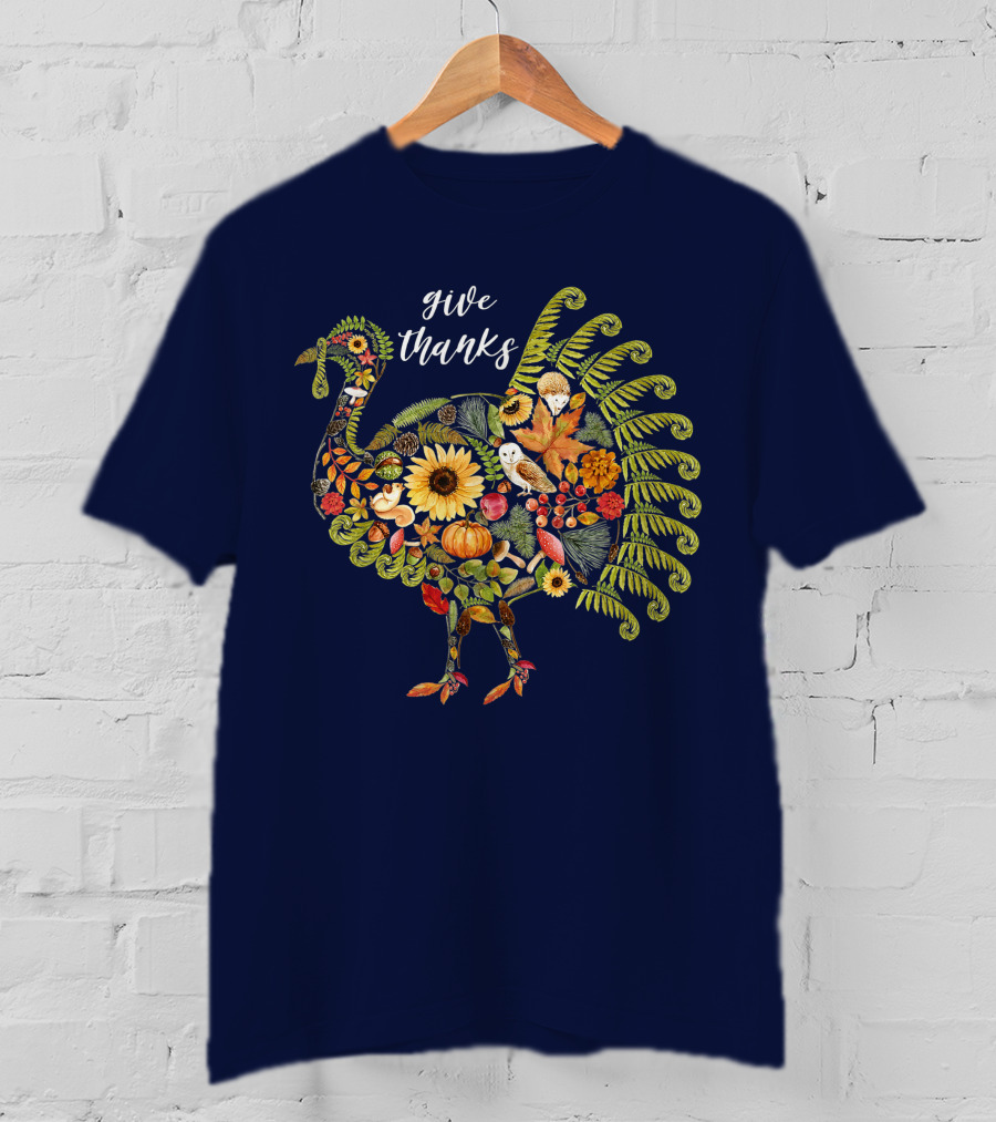 Give Thanks Vintage Autumn Botanical Turkey Thanksgiving T-Shirt