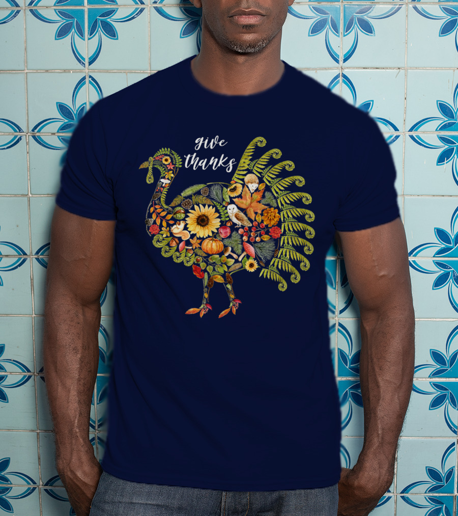 Give Thanks Vintage Autumn Botanical Turkey Thanksgiving T-Shirt