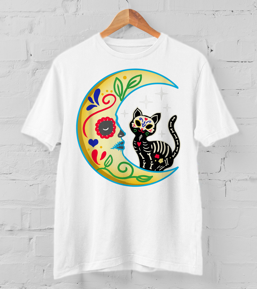 Cat And Moon Sugar Skull Dia De Los Muertos Day Of The Dead Mexican Festival T-Shirt
