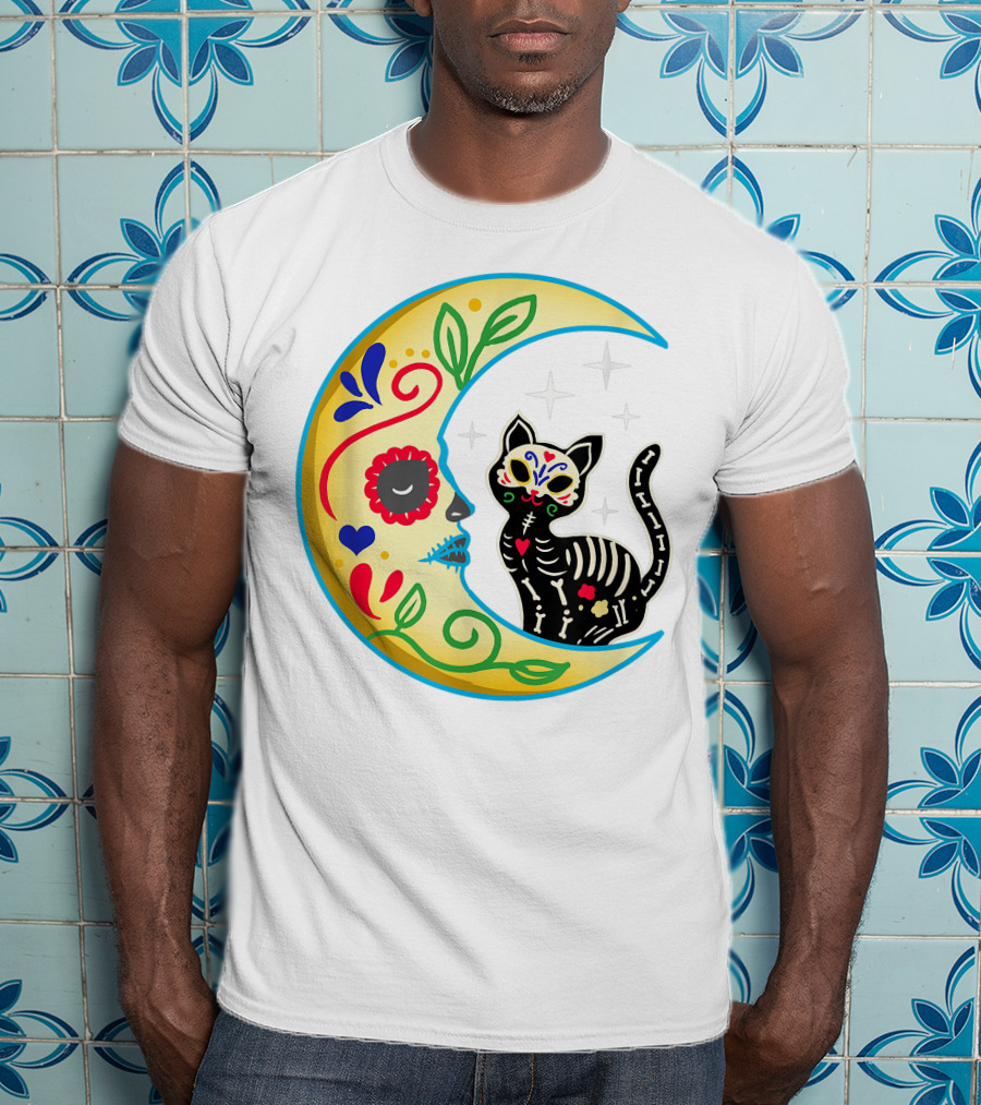 Cat And Moon Sugar Skull Dia De Los Muertos Day Of The Dead Mexican Festival T-Shirt