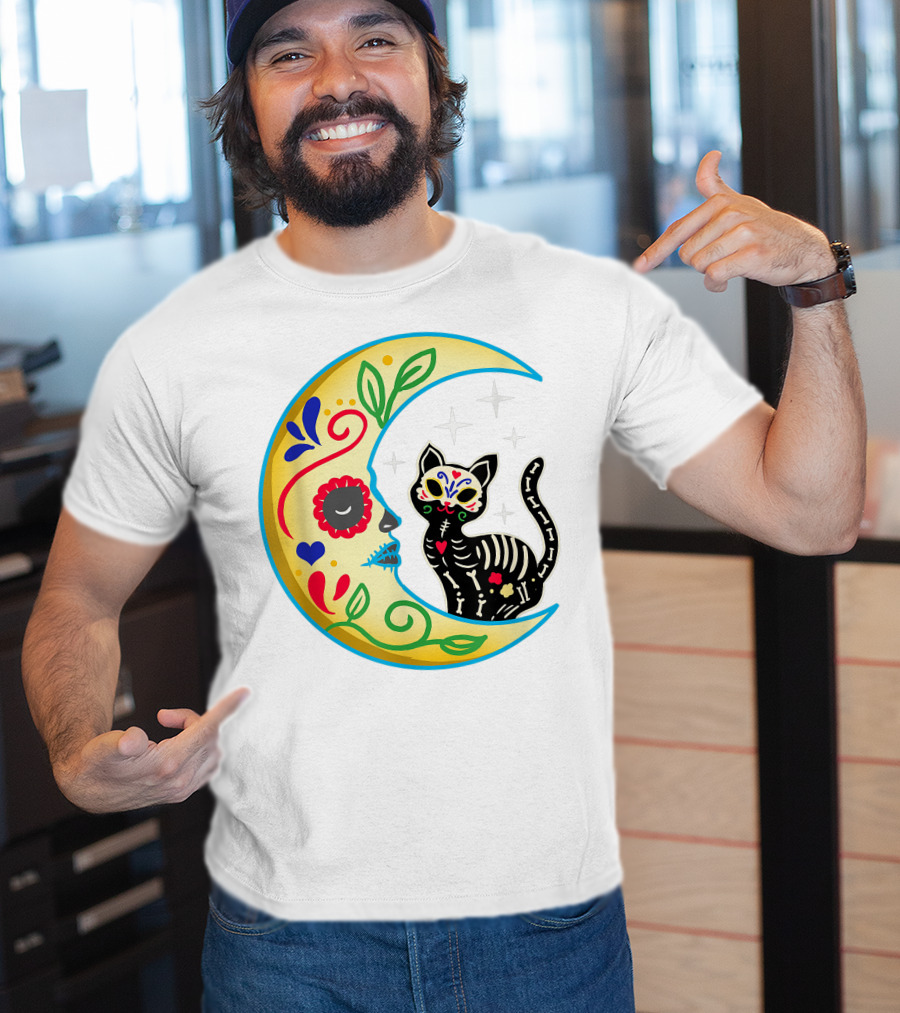 Cat And Moon Sugar Skull Dia De Los Muertos Day Of The Dead Mexican Festival T-Shirt