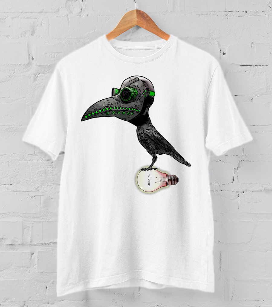 Bird In Plague Doctor Mask Perched On Light Bulb T-Shirt