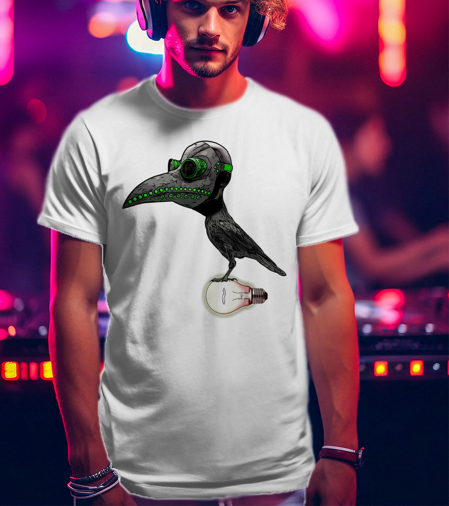 Bird In Plague Doctor Mask Perched On Light Bulb T-Shirt