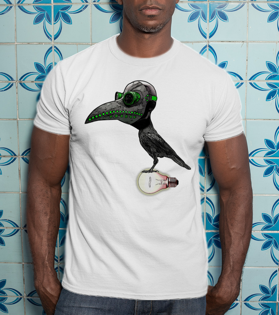 Bird In Plague Doctor Mask Perched On Light Bulb T-Shirt