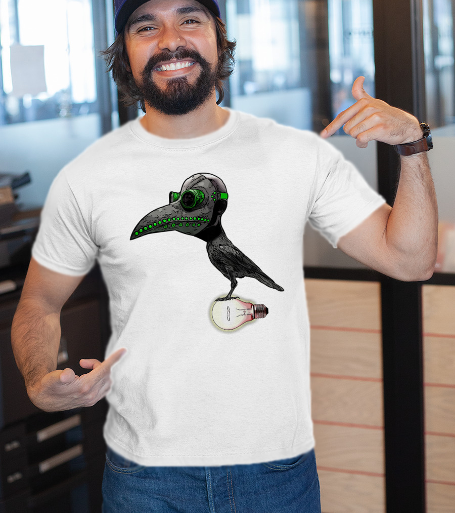 Bird In Plague Doctor Mask Perched On Light Bulb T-Shirt