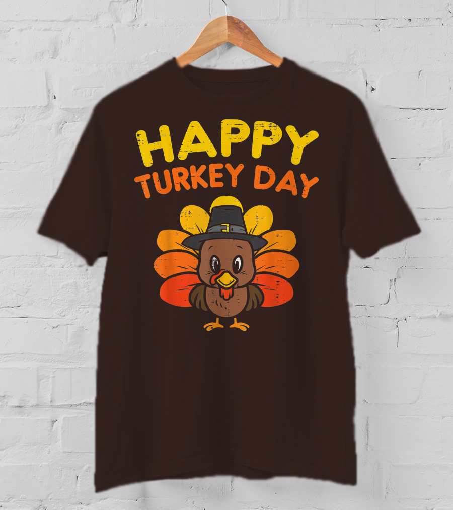 Happy Turkey Day Cute Thanksgiving Pilgrim Turkey T-Shirt