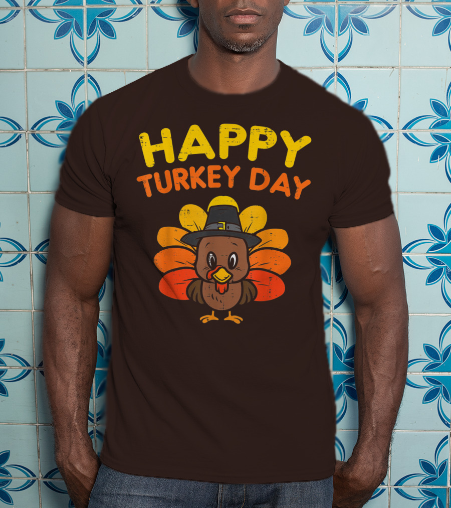 Happy Turkey Day Cute Thanksgiving Pilgrim Turkey T-Shirt