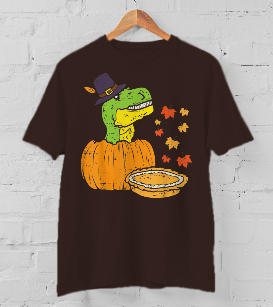 Pilgrim Trex Dinosaur Pumpkin Leaves Pie T-Shirt