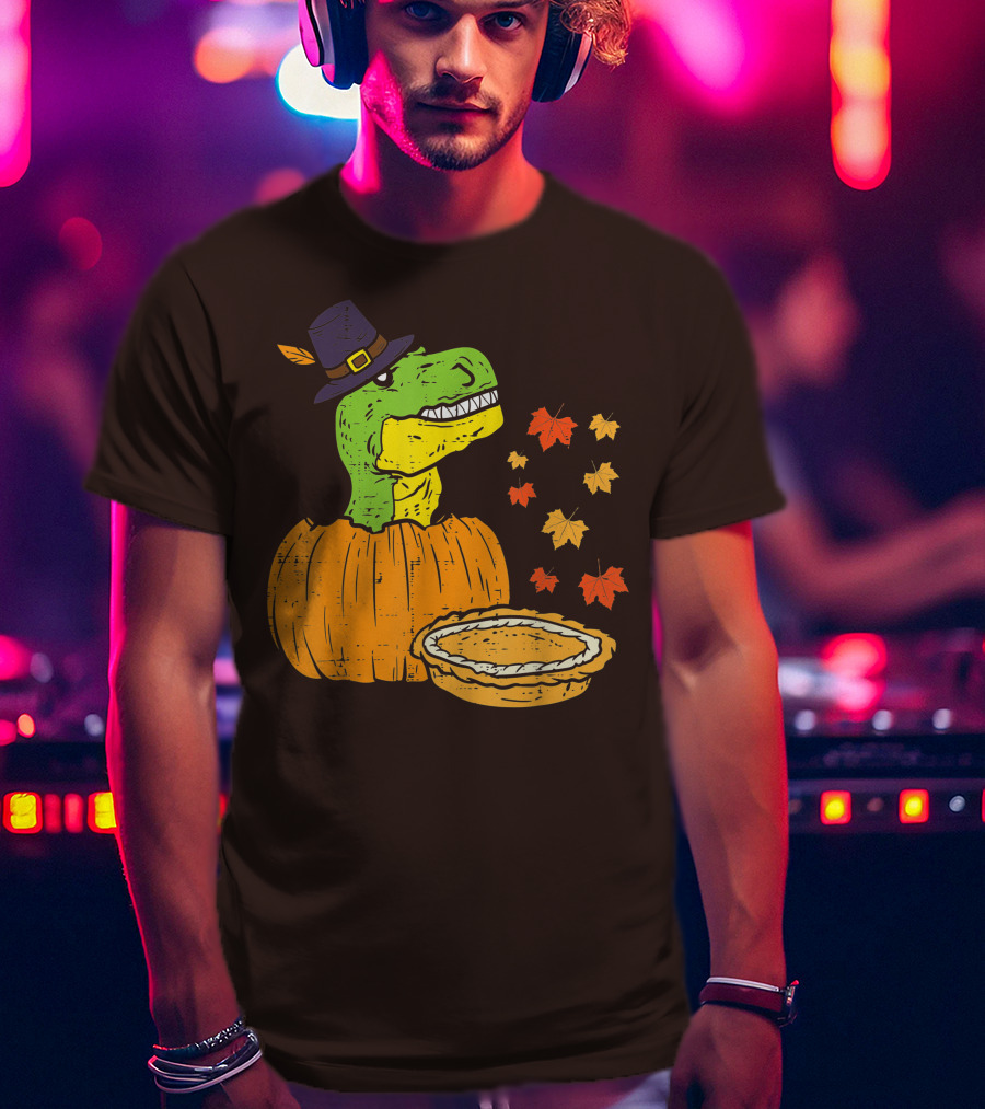 Pilgrim Trex Dinosaur Pumpkin Leaves Pie T-Shirt