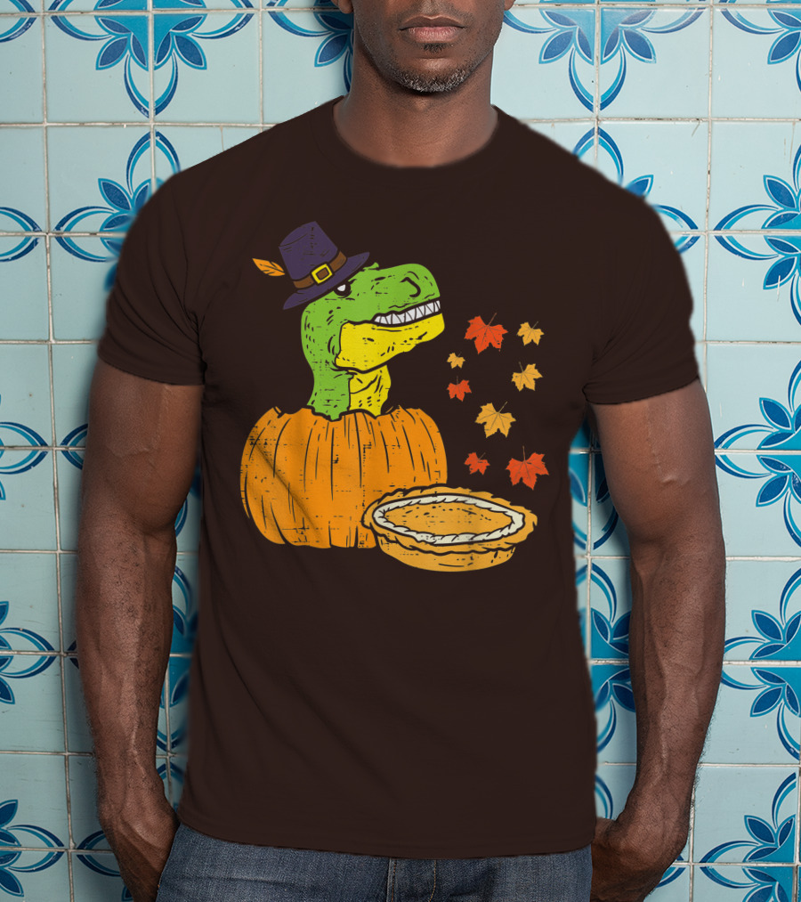 Pilgrim Trex Dinosaur Pumpkin Leaves Pie T-Shirt